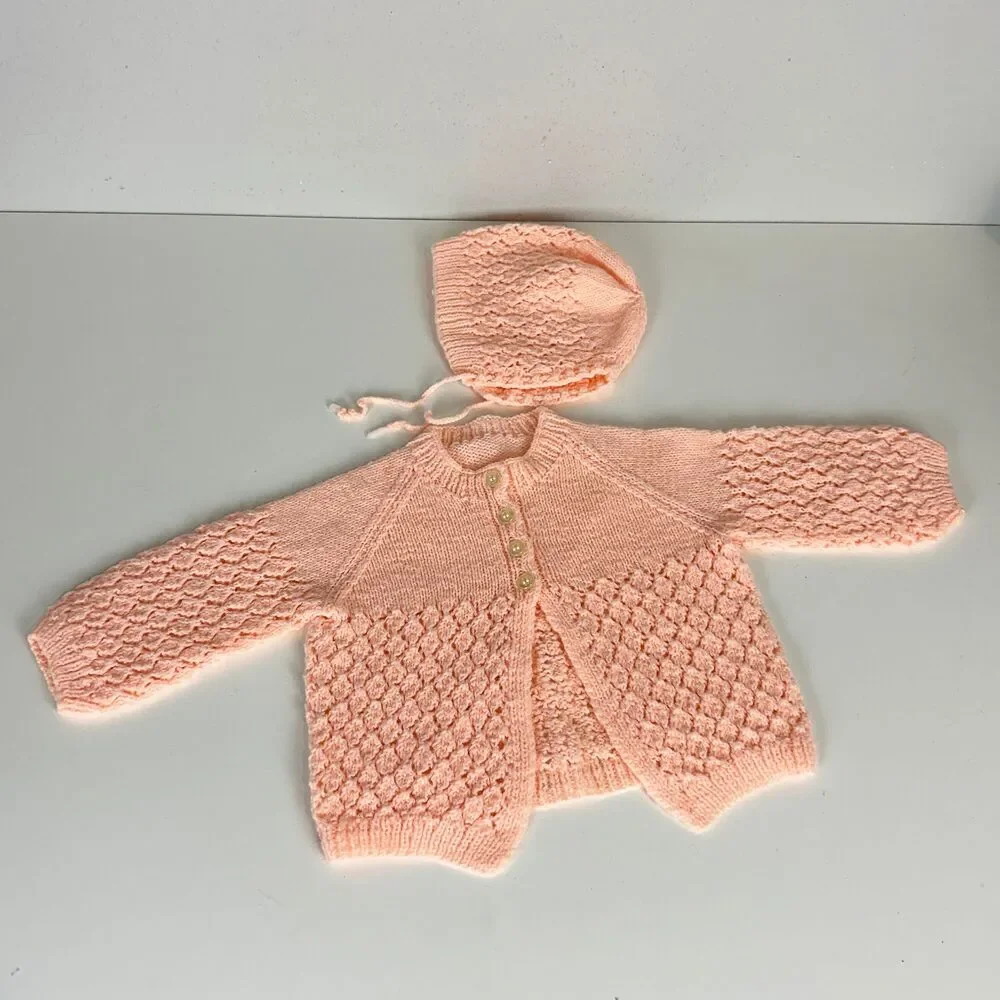 Vintage Handmade Knit Pink Baby Doll Cardigan Sweater & Bonnet Set 70s